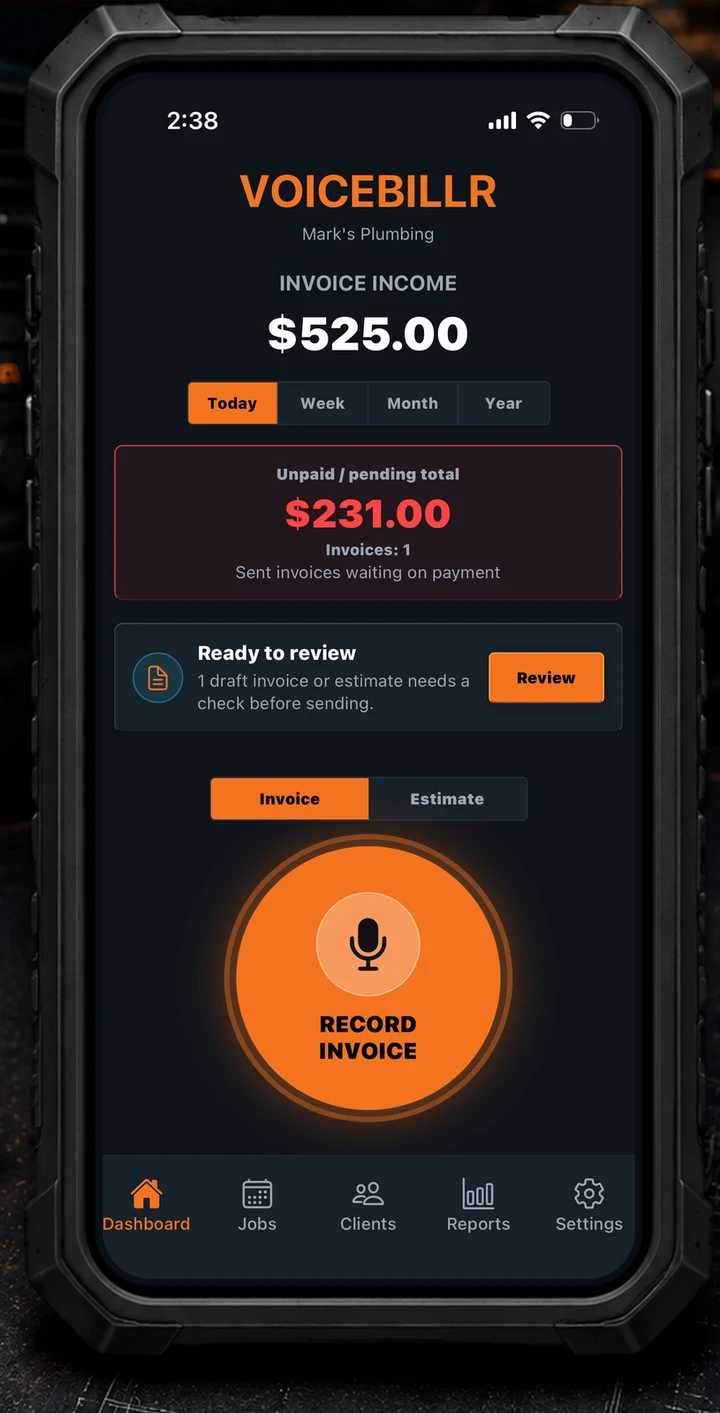 VoiceBillr dashboard showing income, unpaid invoices, and record invoice button