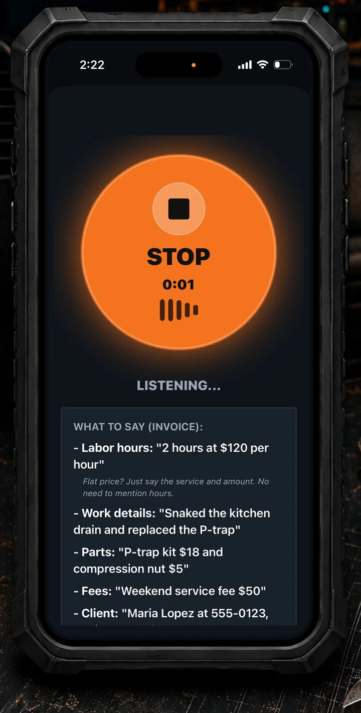 VoiceBillr recording screen