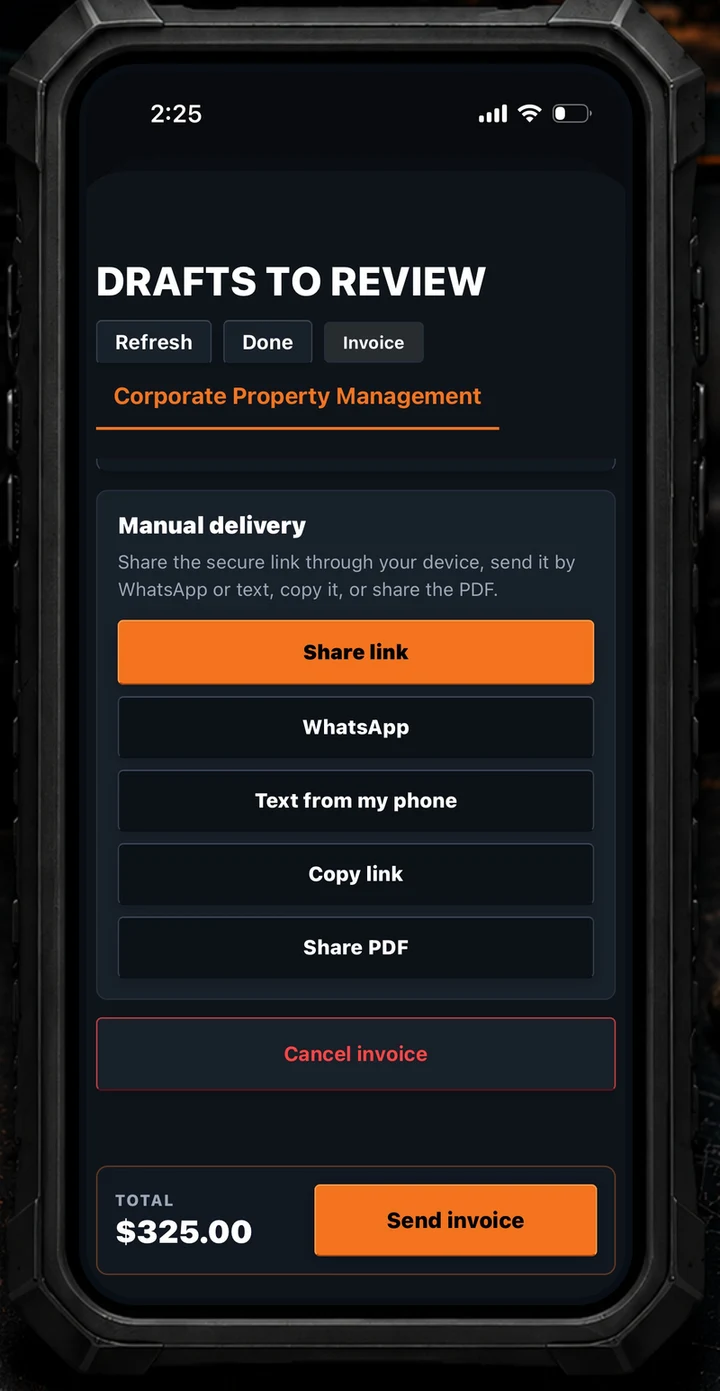 VoiceBillr send invoice screen